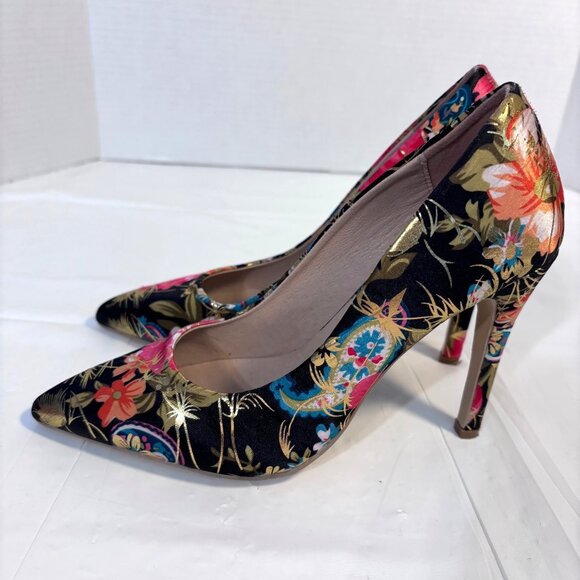 Black & Gold Stiletto Heels With Floral Pattern in Vibrant Colors Size 36 EURO - Picture 5 of 8